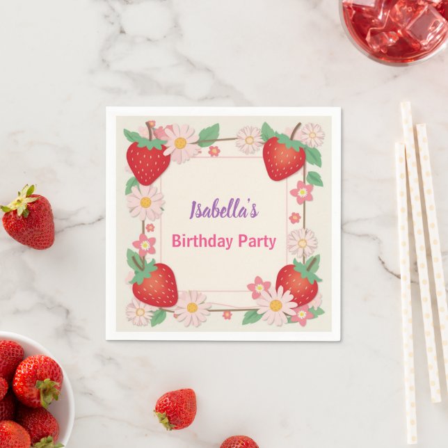 Red Strawberry pink Birthday Party for kids Napkin (Insitu)