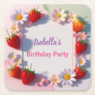 Red Strawberry pink Birthday Party for kids Square Paper Coaster