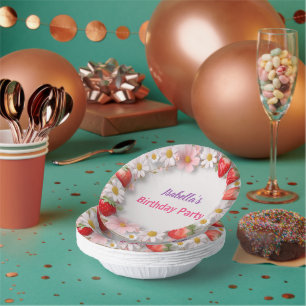 Red Strawberry pink Daisy Birthday Party for her Paper Plate