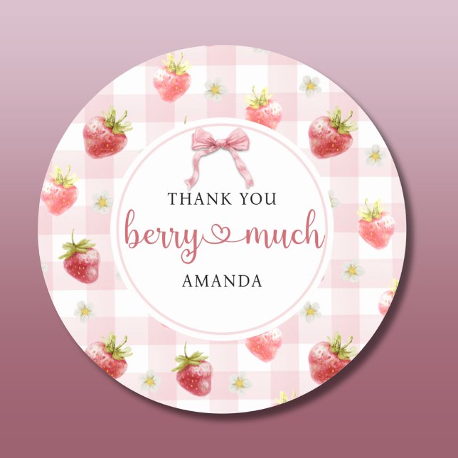 Red Strawberry Pink Plaid Thank You Berry Much Classic Round Sticker (Creator Uploaded)