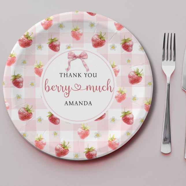 Red Strawberry Pink Plaid Thank You Berry Much Paper Plate (Creator Uploaded)