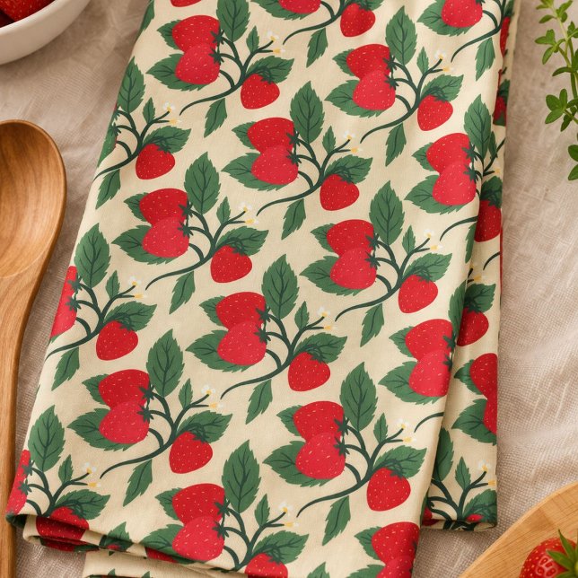 Red Strawberry Vine Monogram Vintage Tea Towel (Creator Uploaded)