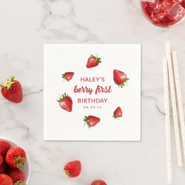 Red Strawberry Watercolor Berry 1st Baby Birthday Napkin (Insitu)