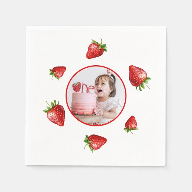 Red Strawberry Watercolor Berry 1st Photo Birthday Napkin (Front)