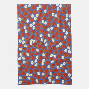 Red Strawberry with Navy White Basketweave backgrd Tea Towel
