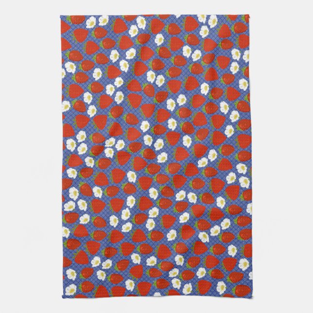 Red Strawberry with Navy White Basketweave backgrd Tea Towel (Vertical)