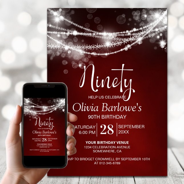Red String Lights 90th Birthday Party Invitation (Creator Uploaded)