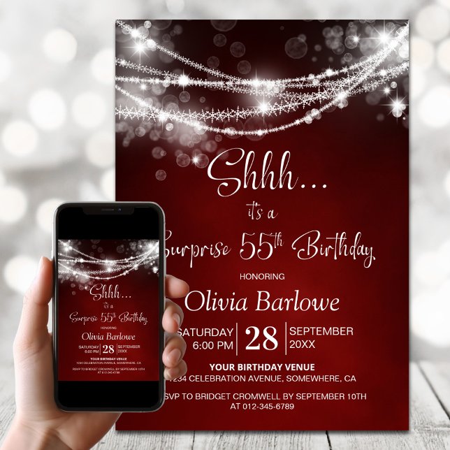Red String Lights Surprise 55th Birthday Party Invitation (Creator Uploaded)