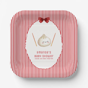Red Stripe Bow Asian Dumpling Baby Shower Paper Plate