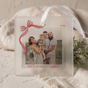 Red Stripe Bow Ribbon Photo Ornament Keepsake