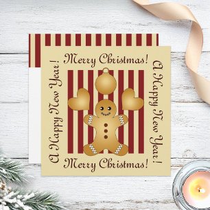 Red Stripe Cute Gingerbread Man Christmas Holiday Card