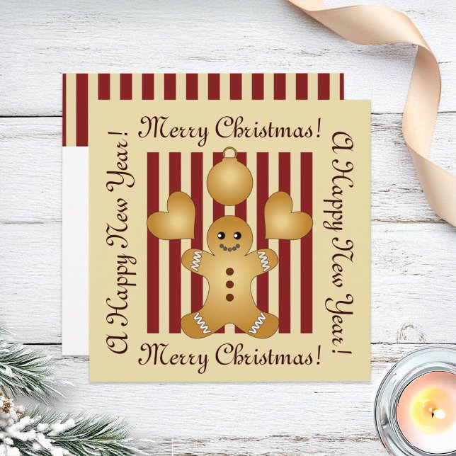 Red Stripe Cute Gingerbread Man Christmas Holiday Card (Creator Uploaded)
