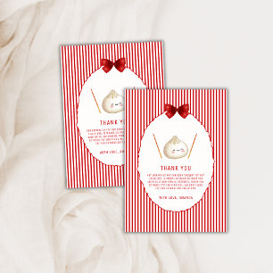 Red Stripe Girl Bow Asian Dumpling Baby Shower Thank You Card