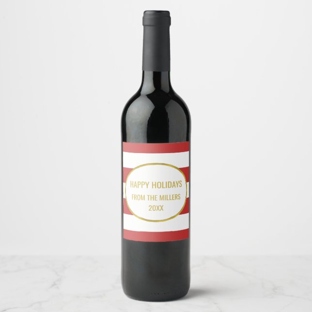 Red Stripe Gold Custom Christmas Wine Wine Label (Front)