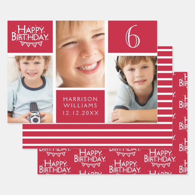 Red Stripe Happy Birthday Bunting Photo Wrapping Paper Sheet (Set)