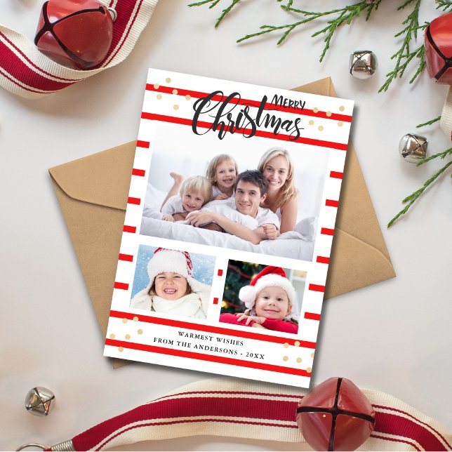 Red Stripe Merry Christmas 3 Photo Collage Card (Creator Uploaded)