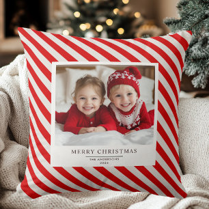 Red Stripe with Photo Merry Christmas and Name  Cushion