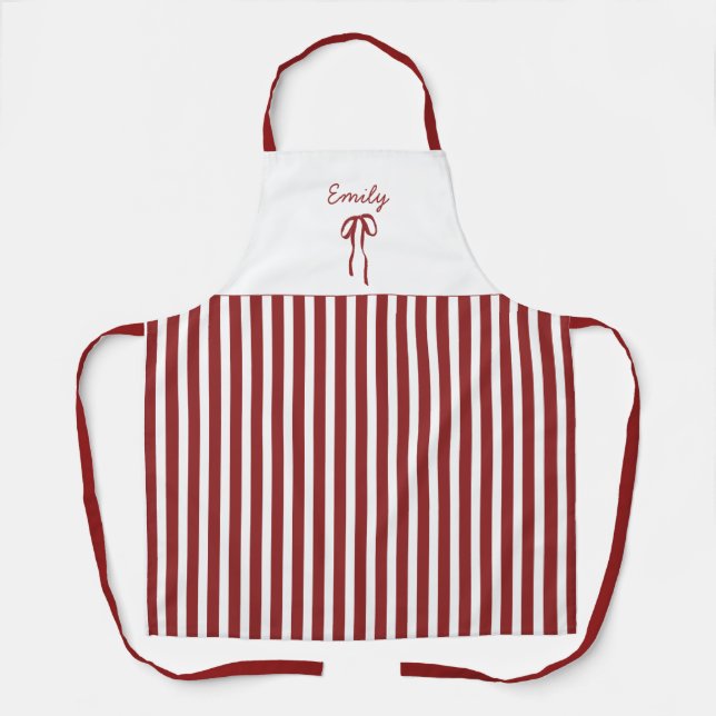 Red Striped Christmas Apron with Bow (Front)