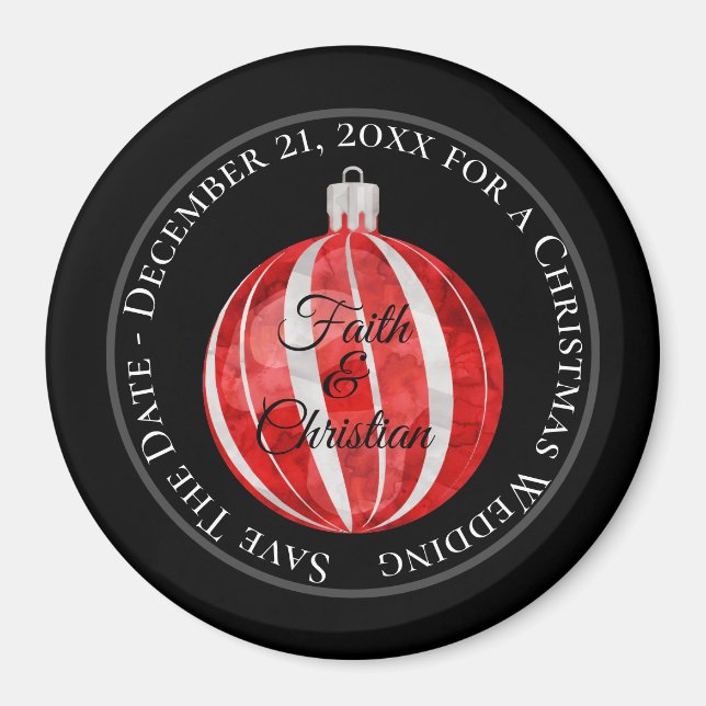Red Striped Christmas Ornament/Save the Date Magnet (Front)