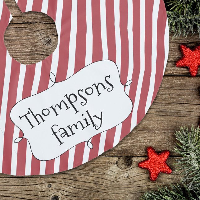 Red Striped Cute Christmas Personalised Brushed Polyester Tree Skirt (Cute whimsy typography Christmas tree skirt.)