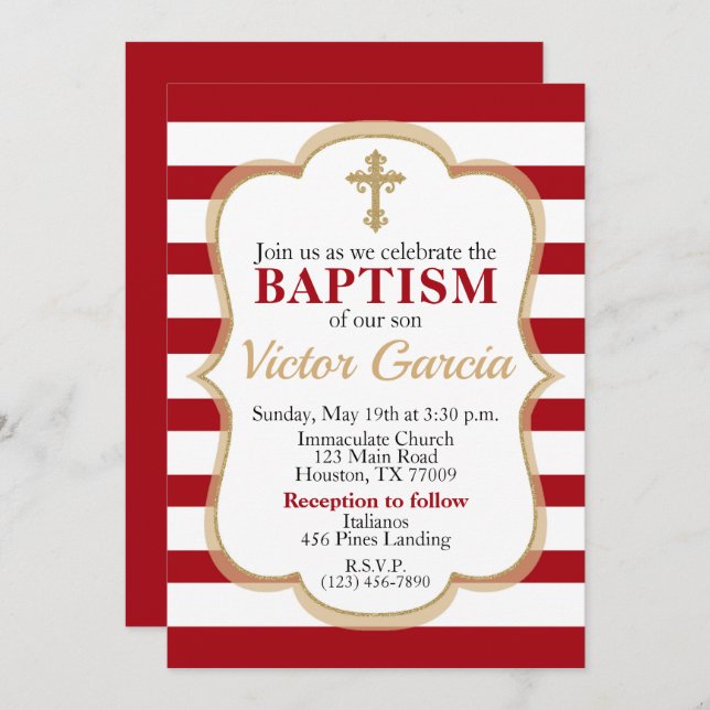 Red Striped Faux Gold Glitter Boy or Girl Baptism Invitation (Front/Back)