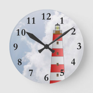 Red Striped Lighthouse in the Clouds Beach Theme Round Clock