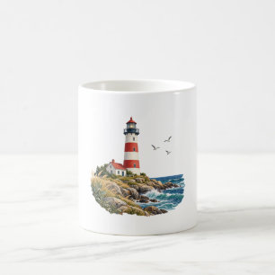 Red Striped Lighthouse on a Rocky Blue Coast Coffee Mug