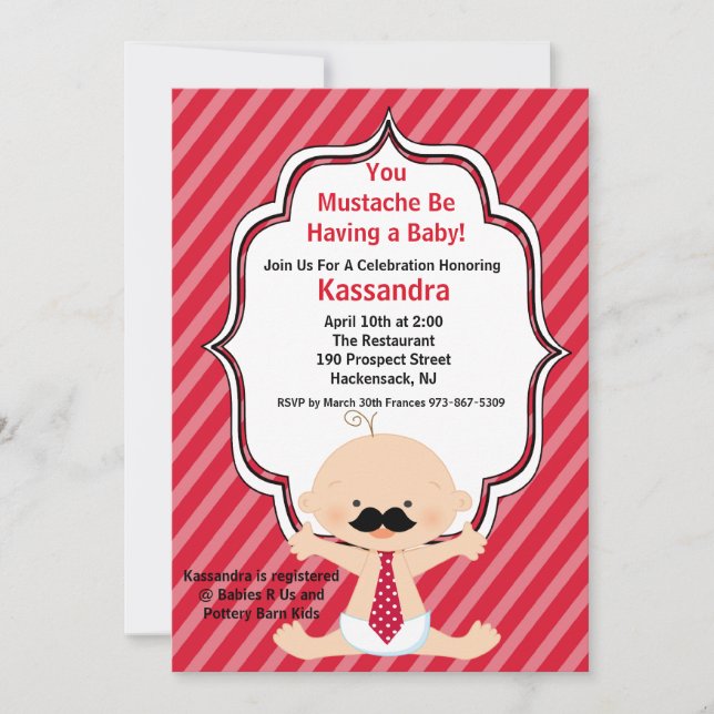 Red Striped Moustache Baby Shower Invitation (Front)