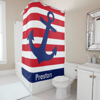 Red Striped & Navy Anchor Shower Curtain