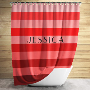 Red Striped Pattern Personalised Name Shower Curtain