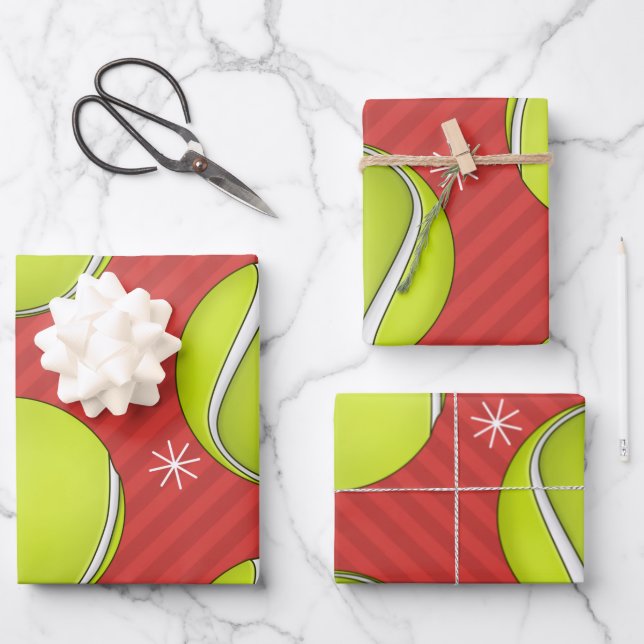 Red Striped Tennis Christmas Balls & Snowflakes  Wrapping Paper Sheet (Front)