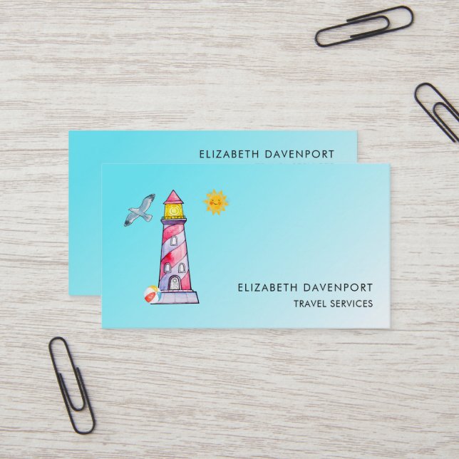 Red Striped Watercolor Lighthouse Business Card (Front/Back In Situ)