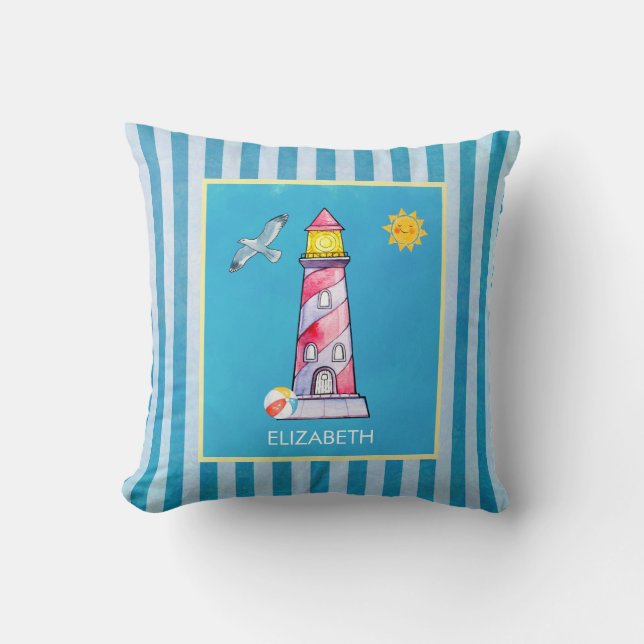 Red Striped Watercolor Lighthouse Cushion (Front)
