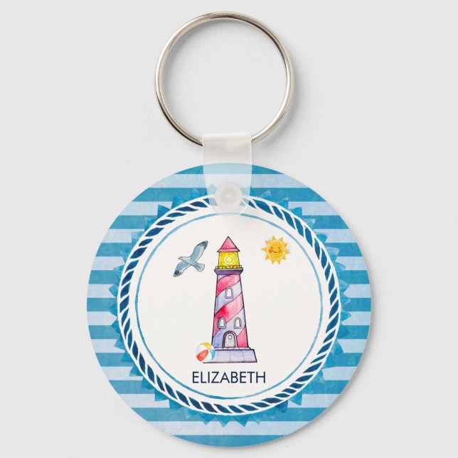 Red Striped Watercolor Lighthouse Key Ring (Front)