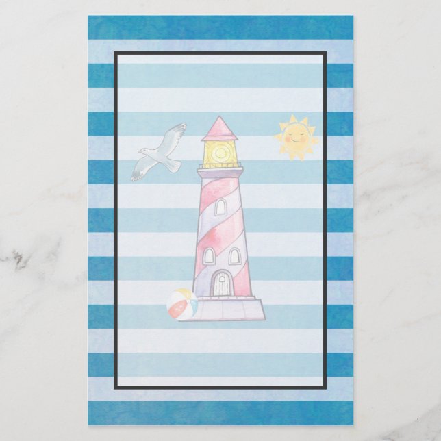Red Striped Watercolor Lighthouse on Blue Stripes Stationery (Front)