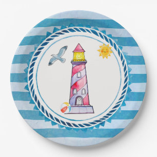 Red Striped Watercolor Lighthouse Paper Plate