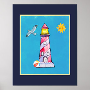 Red Striped Watercolor Lighthouse Poster