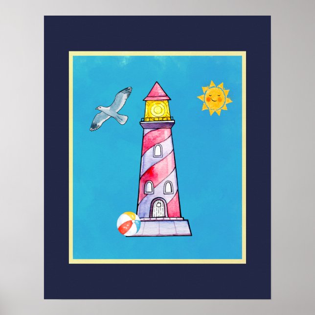 Red Striped Watercolor Lighthouse Poster (Front)