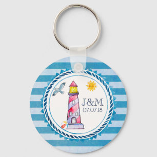 Red Striped Watercolor Lighthouse Wedding Key Ring