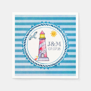 Red Striped Watercolor Lighthouse Wedding Napkin