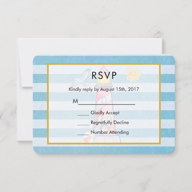 Red Striped Watercolor Lighthouse Wedding RSVP (Front)