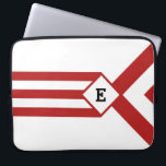 Red Stripes and Chevrons with Monogram on White Laptop Sleeve<br><div class="desc">Stylish geometric pattern features bold red stripes on a white background. Three alternating red and white chevrons end at a white diamond outlined with red. It looks like a stylised medal hanging from a ribbon. The diamond contains a customisable monogram. Three red stripes extend from the opposite side of the...</div>