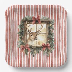 Red Stripes Bows Christmas Deer in Window Paper Plate