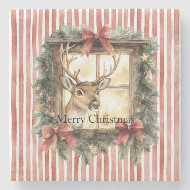 Red Stripes Bows Christmas Deer in Window Stone Coaster (Front)