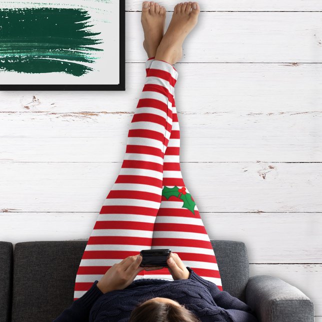 Red Stripes Candy Cane Holly Festive Christmas Leggings (Creator Uploaded)