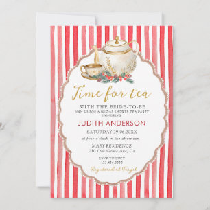 Red Stripes Christmas Tea Party Bridal Shower  Invitation