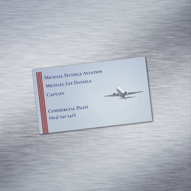 Red Stripes Commercial Aeroplane Captain Pilot  Magnetic Business Card (In Situ)