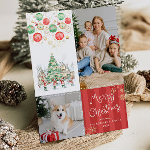 Red Stripes Festive Greens Merry Christmas 2 Photo Holiday Card