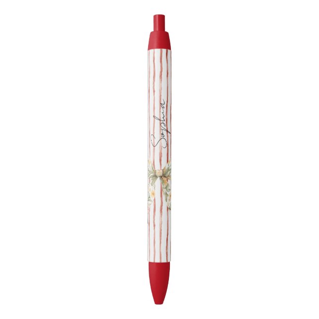 Red Stripes Floral Bow Black Ink Pen (Front Vertical)