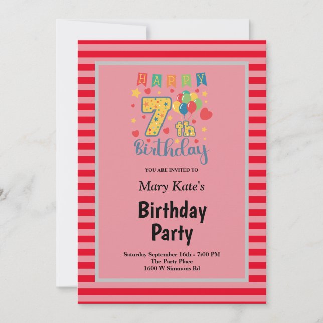 Red Stripes Framed 7th Birthday Party Invitation (Front)